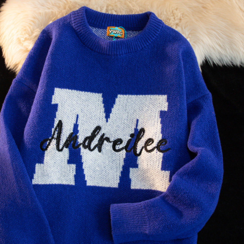 kkyesiou美式复古潮酷字母提花情侣针织衫男女休闲学院风百搭毛衣