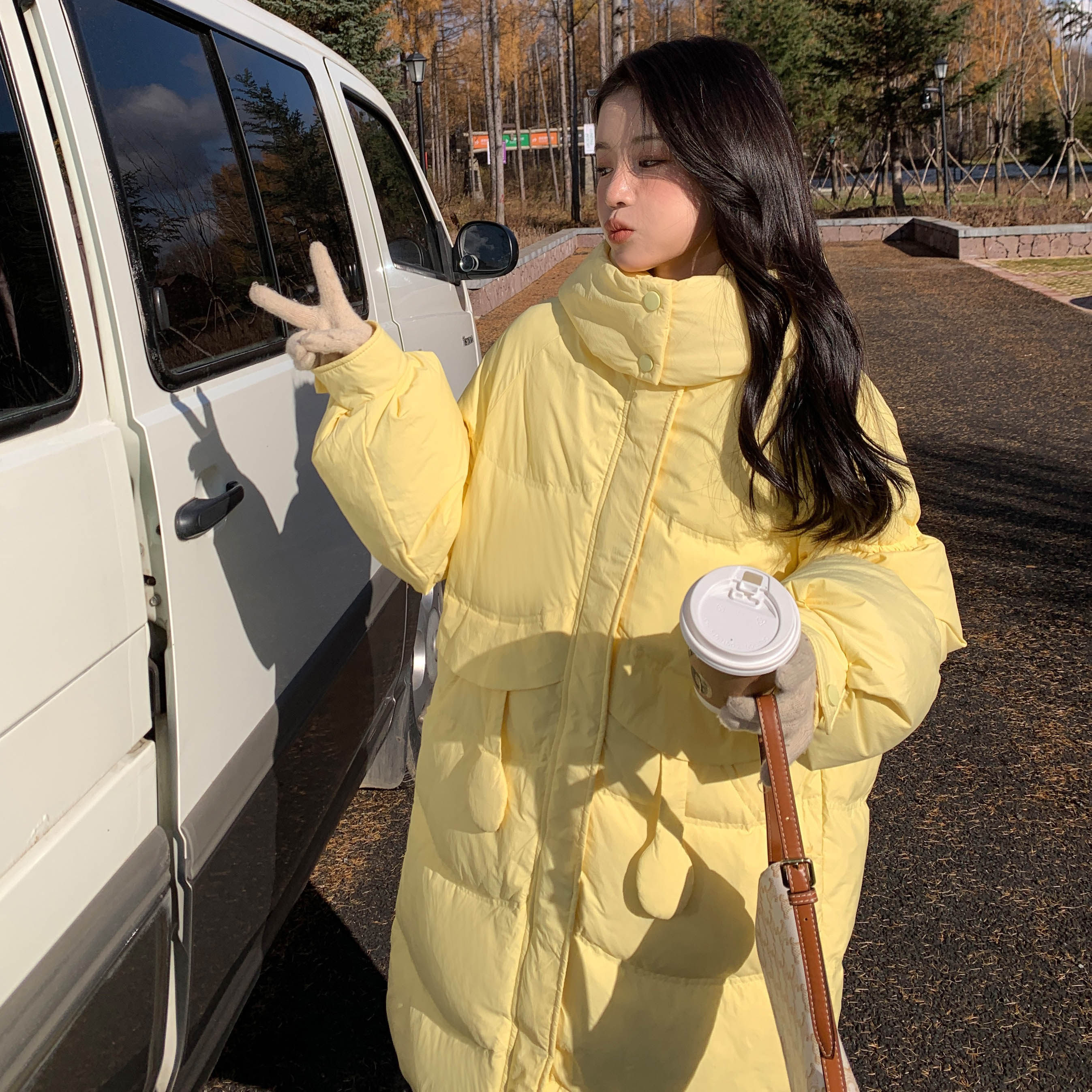 黄色羽绒服女中长款冬季加厚韩系温柔风小个子90白鸭绒面包服外套