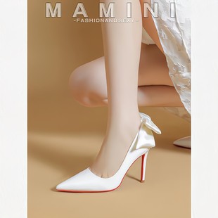 玛美妮白色高跟鞋红底高级感职业气质蝴蝶结不累脚细跟尖头单鞋女