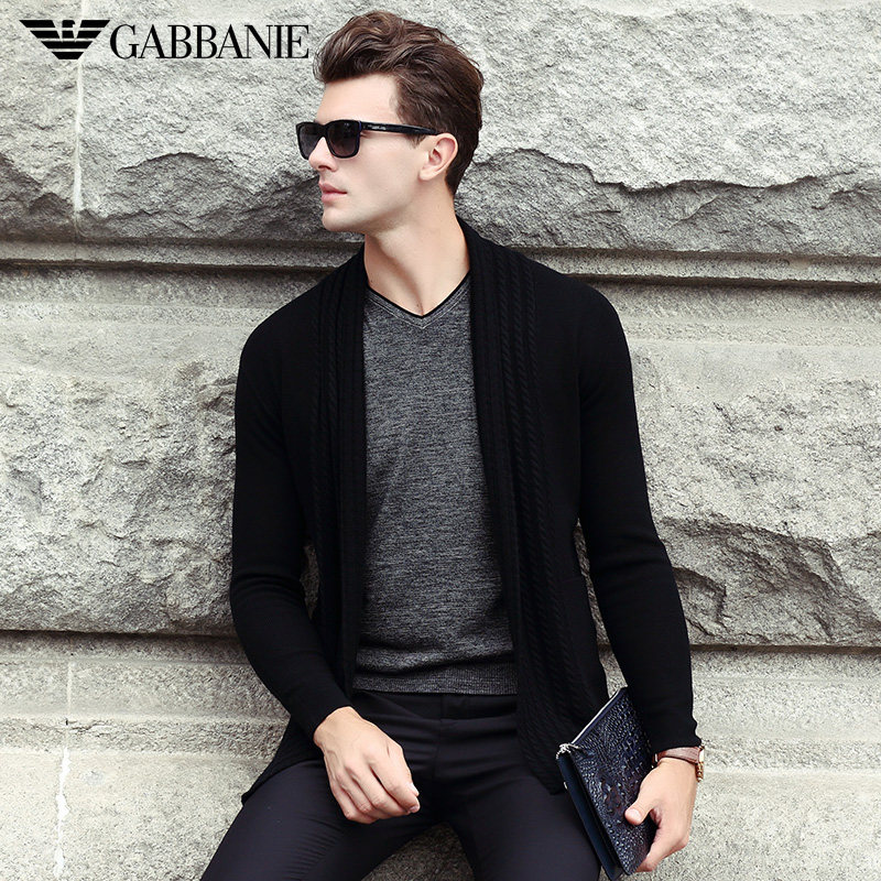 gabbanie纯羊毛衫男士黑色针织开衫外套青年冬季加厚修身毛衣外穿