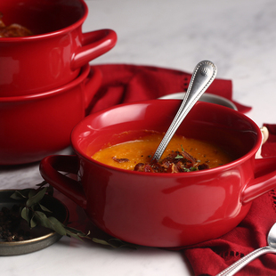 朵颐WS创意餐具红色双耳碗陶瓷面碗烘焙碗家用双耳汤碗汤盆