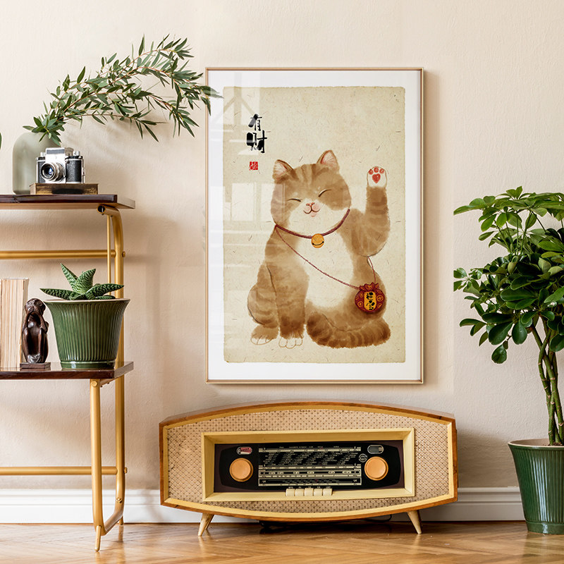 萌猫物语新中式餐厅装饰画电视背景墙日式招财猫玄关挂画过道壁画