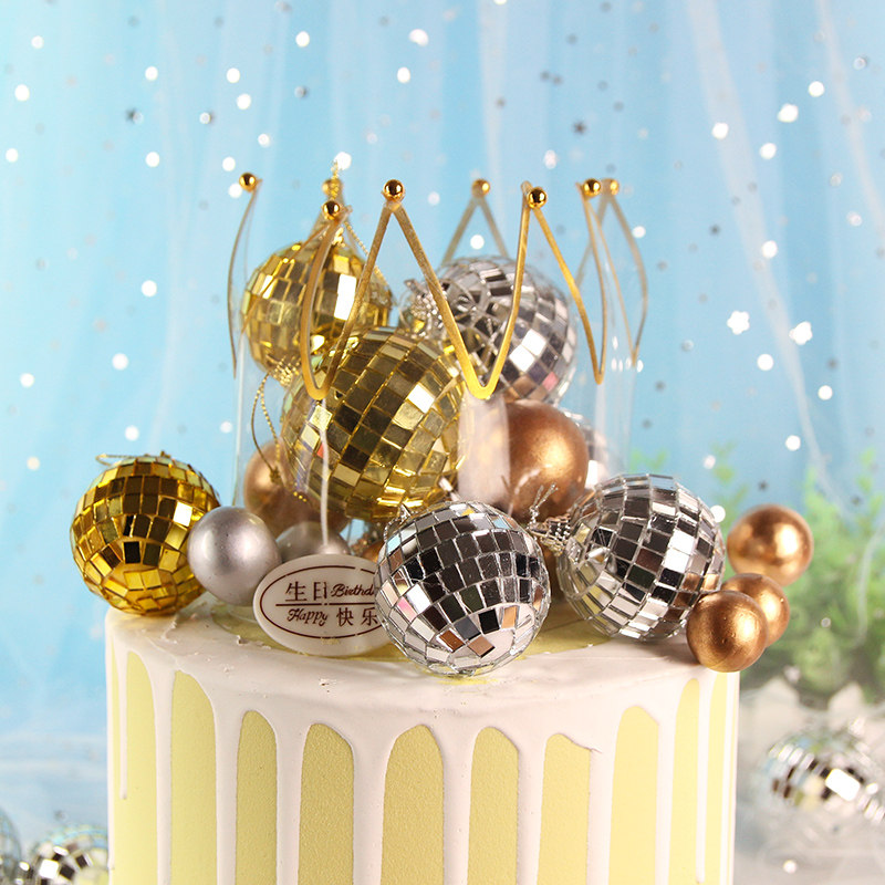 透明金珠皇冠生日蛋糕装饰 镜面大小金银球装饰摆件 甜品台装扮
