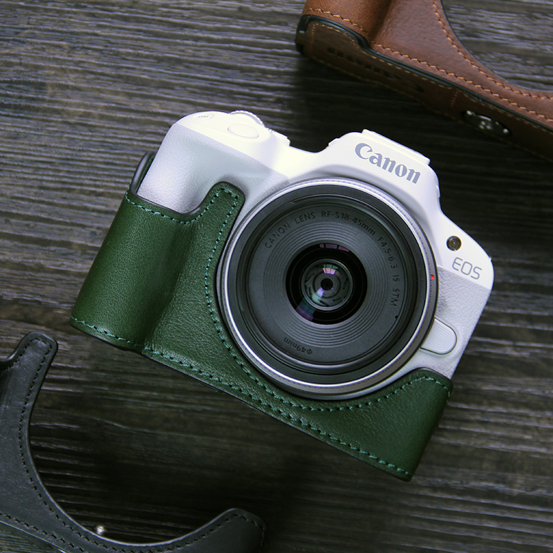 适用佳能R50相机套微单真皮保护套牛皮壳绿色半套EOSr100底座配件