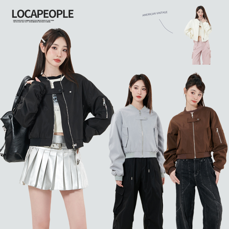 loca people美式复古棒球服拉链短外套女休闲夹克