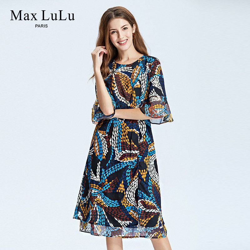 max lulu2019夏季新款女蓝色雪纺印花收腰荷叶边5分袖a字连衣裙