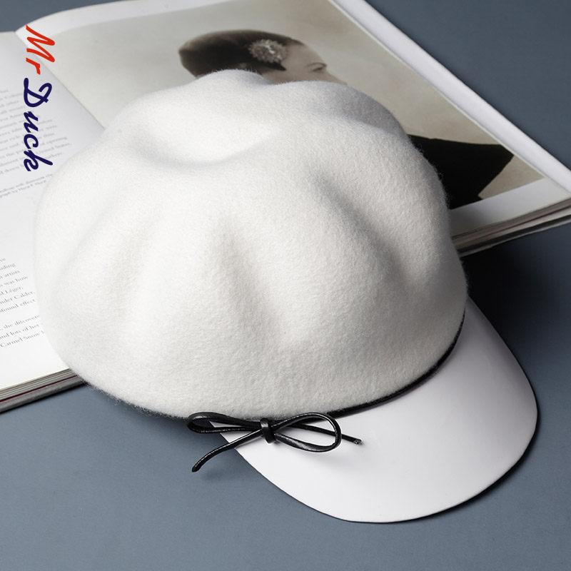 mrduck白色帽子女鸭舌帽女显脸小百搭八角贝雷帽女秋冬鸭嘴帽2021