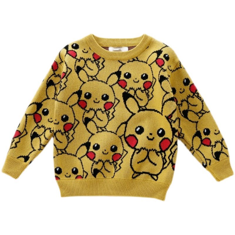 韩国ins男童可爱毛衣婴儿满印皮卡丘纯棉双层加厚宝宝针织衫秋冬