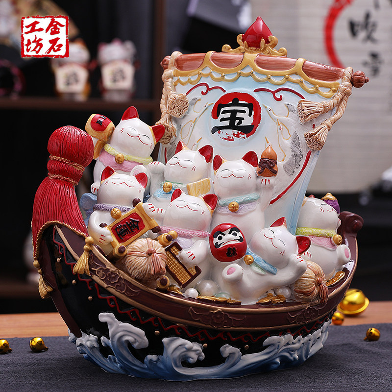 金石工坊宝船招财猫摆件一帆风顺开业