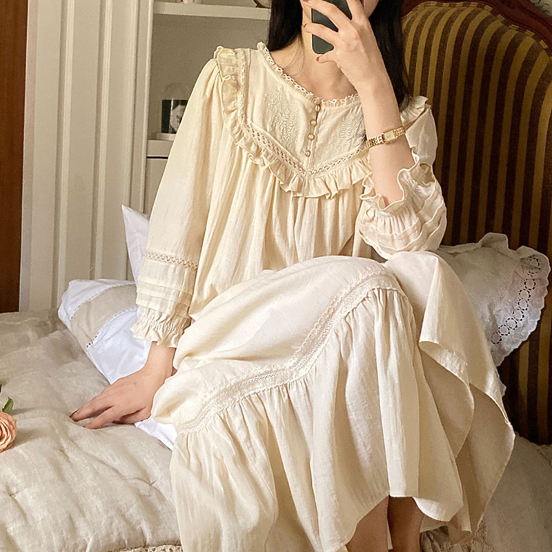刺绣蕾丝边睡裙复古麻棉宫廷公主风纯棉新款睡衣家居服仙女过膝
