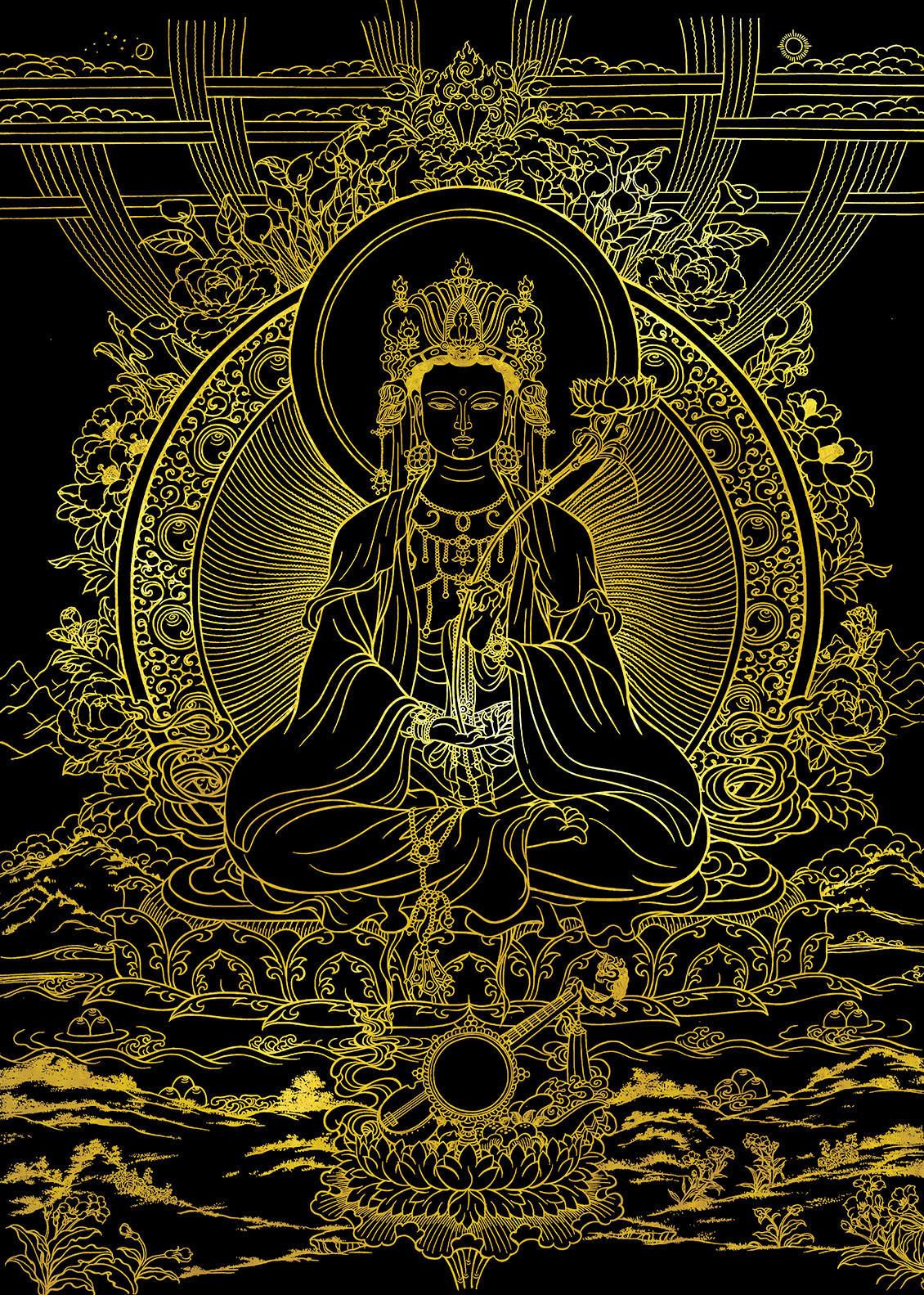 大势至菩萨描金画稿唐卡西藏手绘diy描金唐卡静心减涂色装饰画