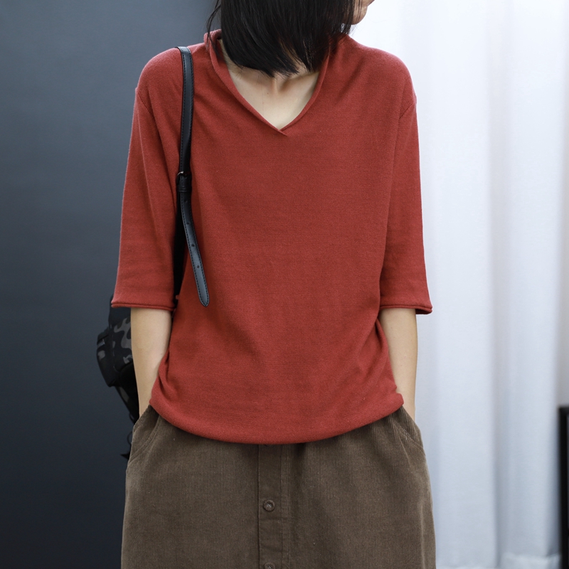 2023秋季新款韩版女装宽松显瘦中袖V领套头针织衫五分袖打底毛衣
