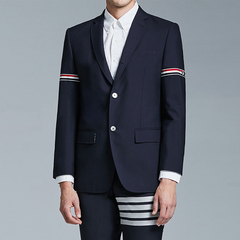 欧美轻奢潮牌tb秋冬纯羊毛条纹织带修身西装男商务休闲九分袖西服
