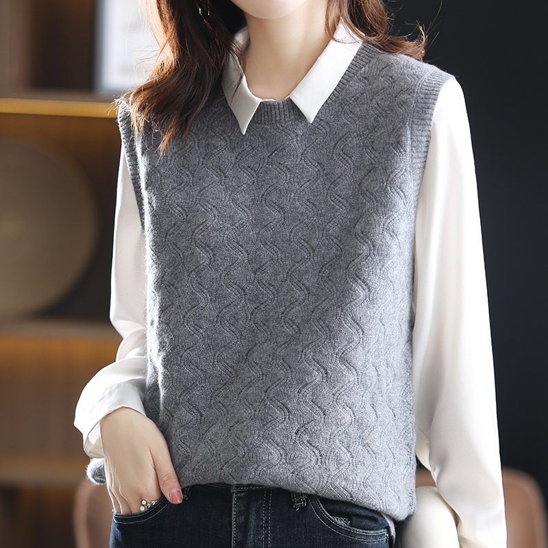 100纯羊毛针织背心女马甲秋冬圆领镂空毛衣坎肩时髦无袖外搭宽松