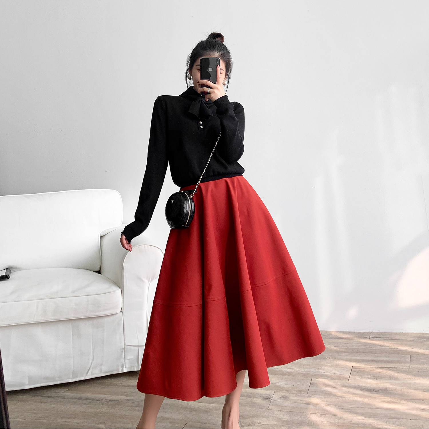 蜜糖mt 浪漫与温柔 法式优雅复古红裙中长款高腰a字半身裙秋冬女