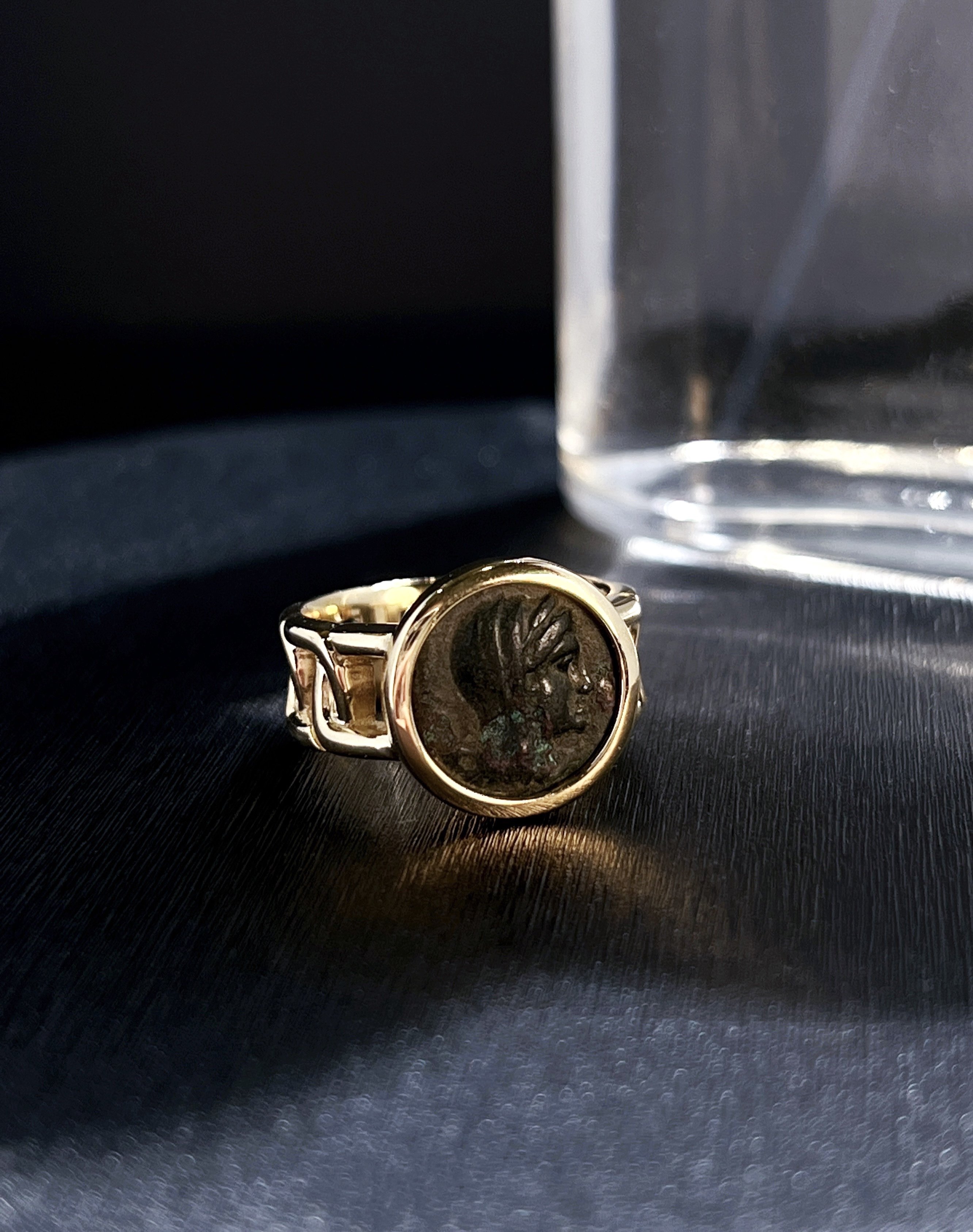 已售 古币戒指中古款 古希腊丰收女神德墨忒尔铜币18k金指环尾戒