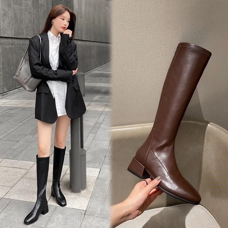 胖mm长筒靴女粗腿骑士靴高筒大筒围长靴子弹力显瘦方头春秋款棕色
