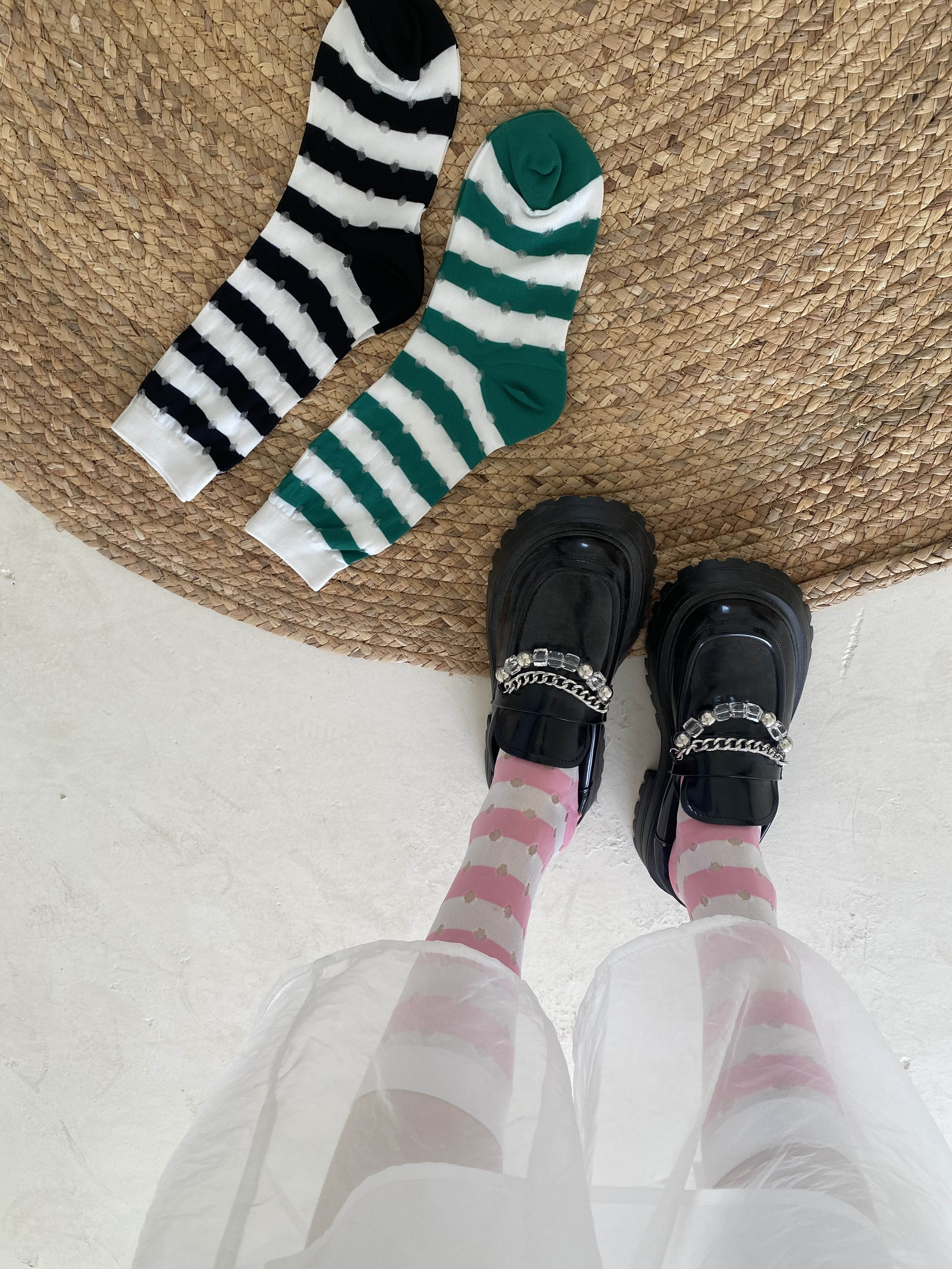 夏季轻透薄款袜子中筒袜堆堆袜韩版学院风日系百搭彩色条纹
