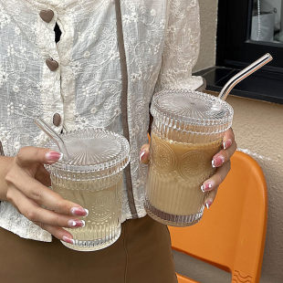 北欧ins风复古浮雕太阳花水杯带盖吸管玻璃杯冷饮杯果汁杯咖啡杯