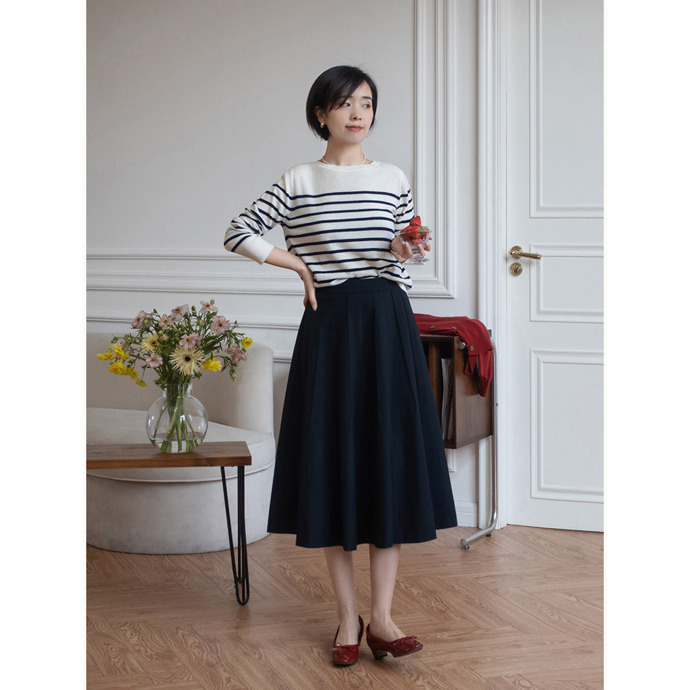 沫里themaury春款复古高腰百褶半身裙 宽松中长款a字伞裙女q3753