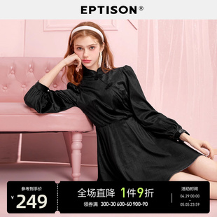 EPTISON连衣裙女2024春季新款收腰显瘦气质黑色长袖旗袍改良版裙