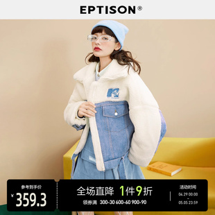 EPTISON棉服女2021年新款冬季宽松加厚短款牛仔拼接休闲外套