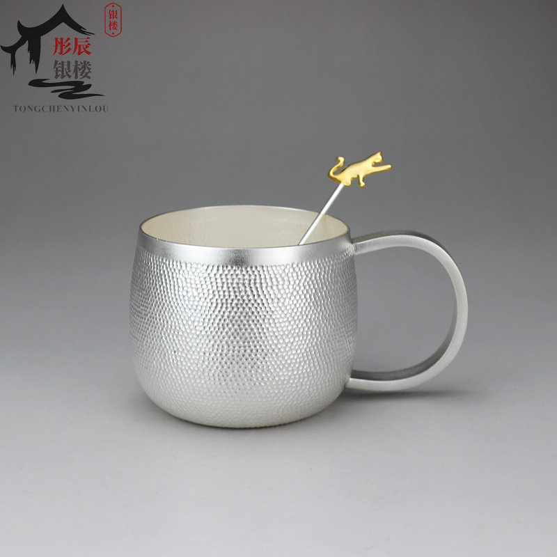 纯手工纯银999锤纹马克杯银水杯银茶杯纯银家用侧把银杯子咖啡杯