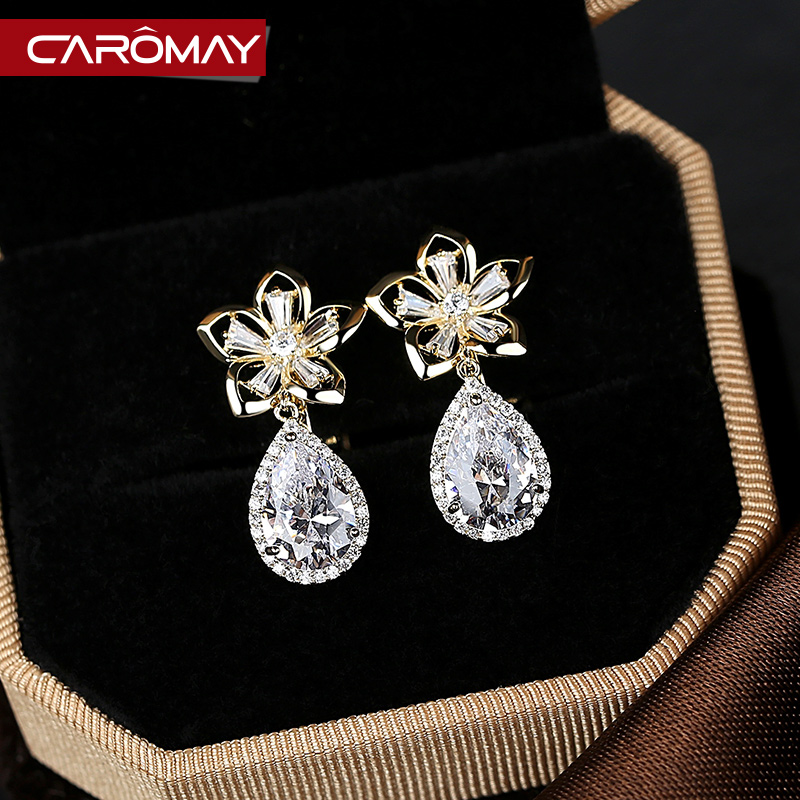 caromay百搭花朵耳环女水滴小众设计高级感925银针气质耳夹耳饰