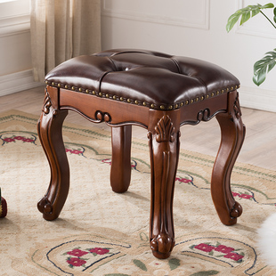 美式实木梳妆凳真皮化妆凳梳妆台凳子卧室雕花妆凳小凳子古筝凳