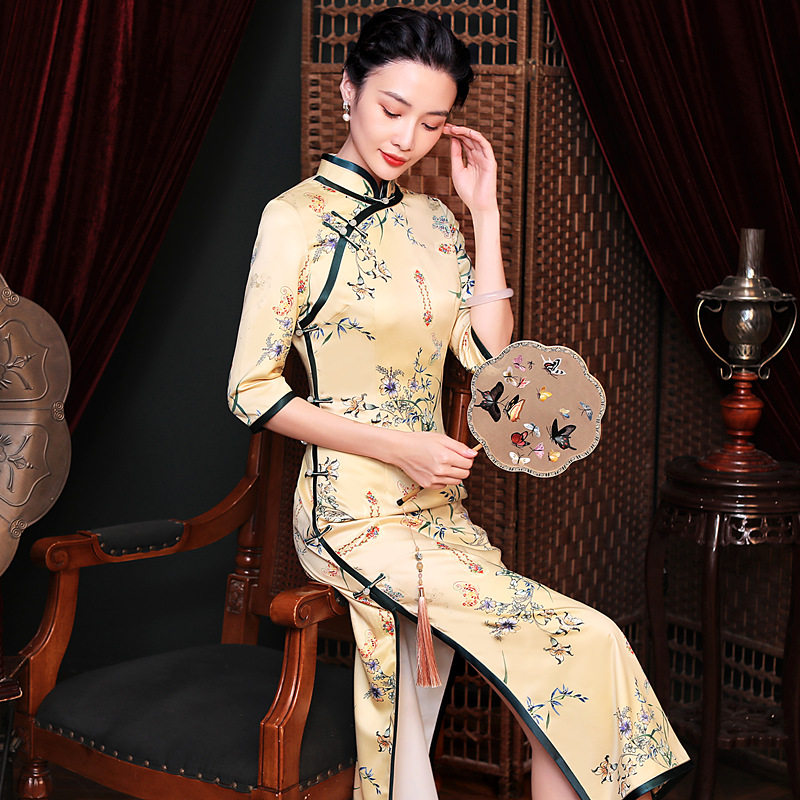 老上海旗袍2020新款女秋传统中袖七分袖中国风旗袍连衣裙优雅长款