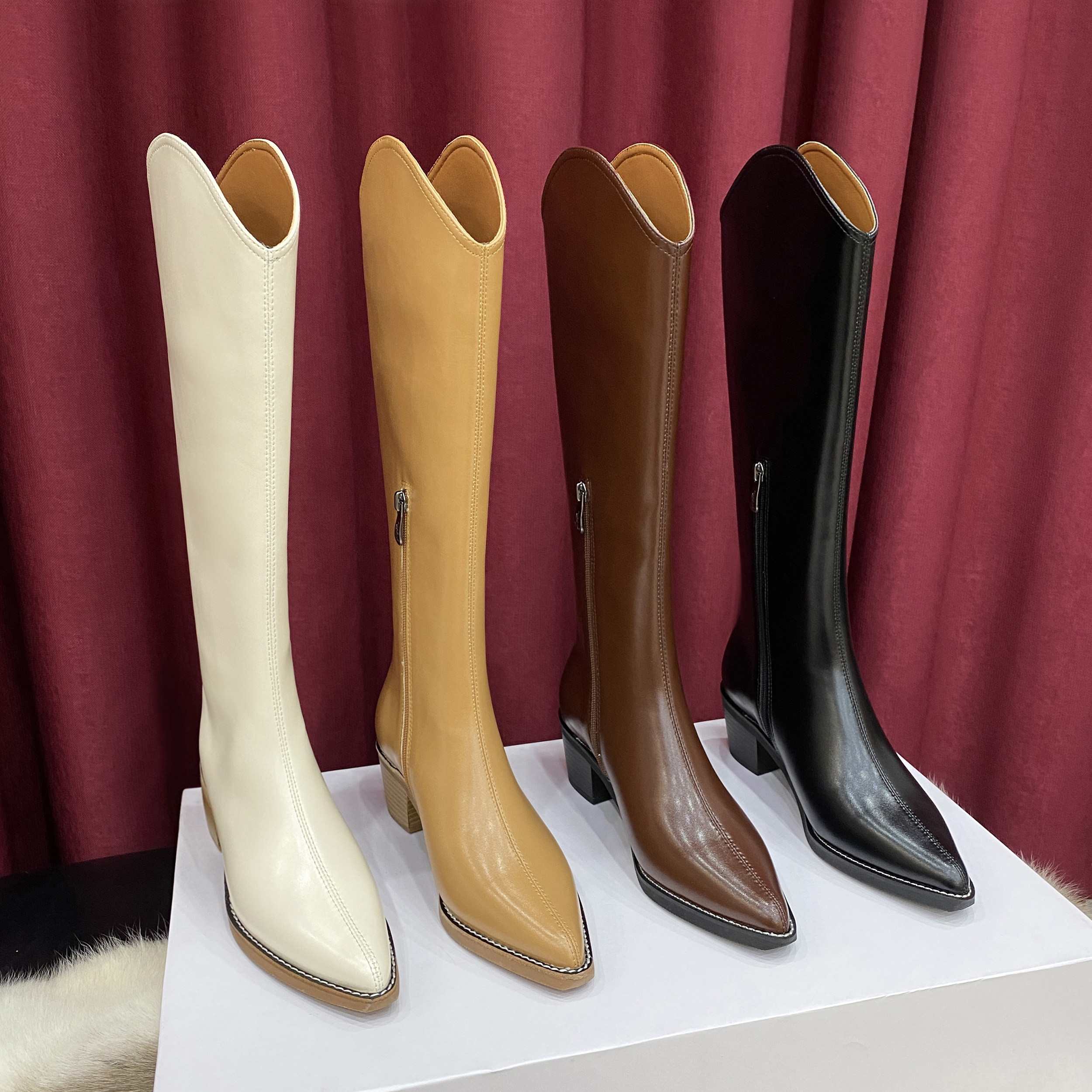 牛皮版,真皮尖头v口西部靴女粗跟高跟长筒骑士靴高筒靴拉链长靴