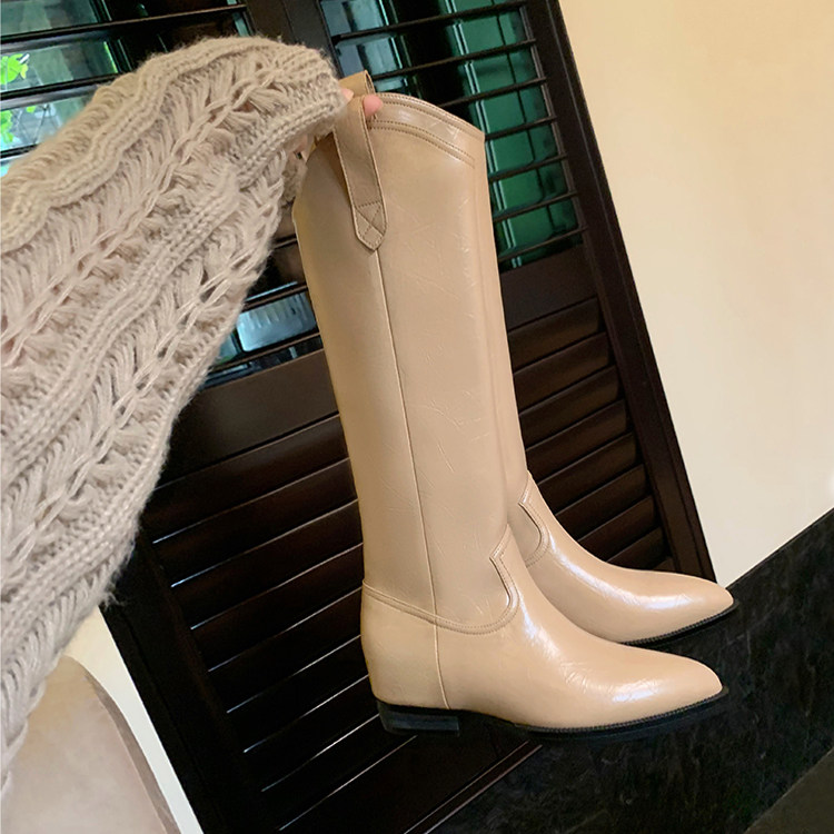 牛皮版~时尚v口不过膝西部高筒靴尖头骑士中长筒靴女真皮高跟长靴