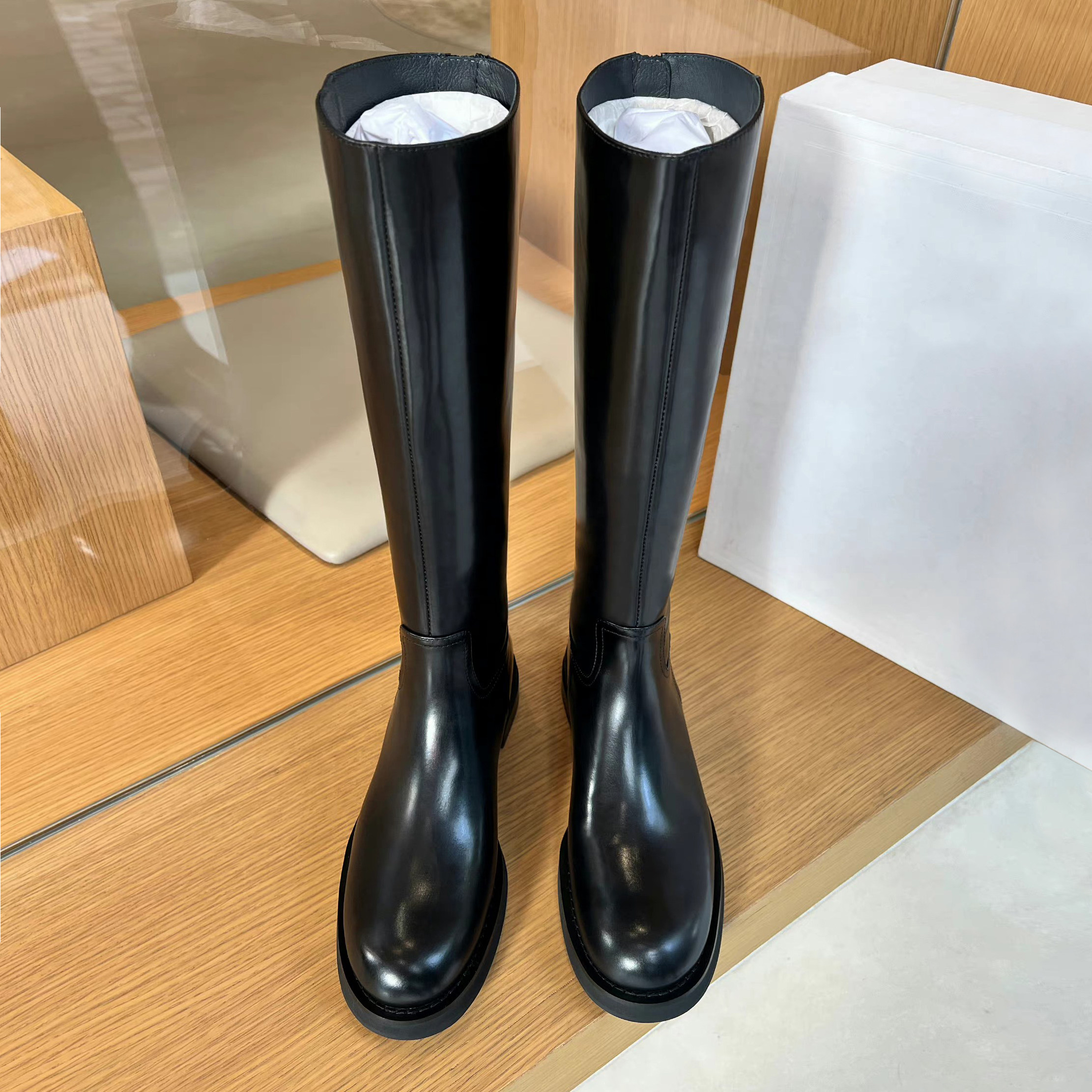 牛皮版~真皮圆头英伦骑士靴女高筒靴冬季瘦瘦长靴粗跟厚底长筒靴