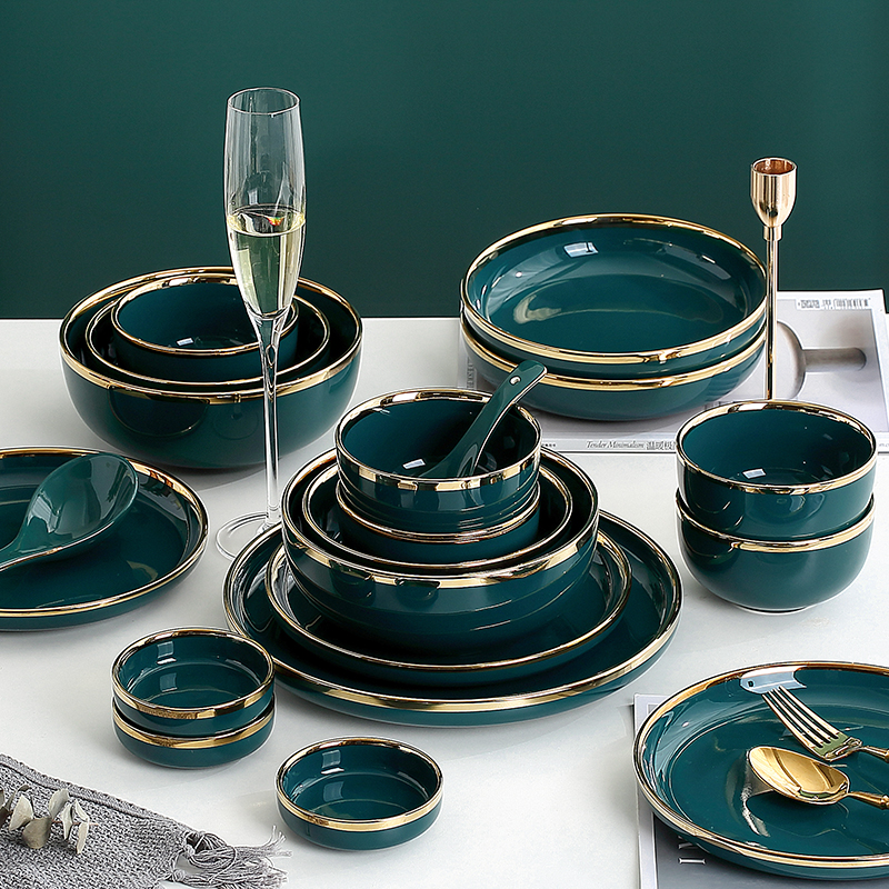 欧式轻奢碗碟套装家用 米饭碗菜盘组合创意个性ins网红祖母绿餐具
