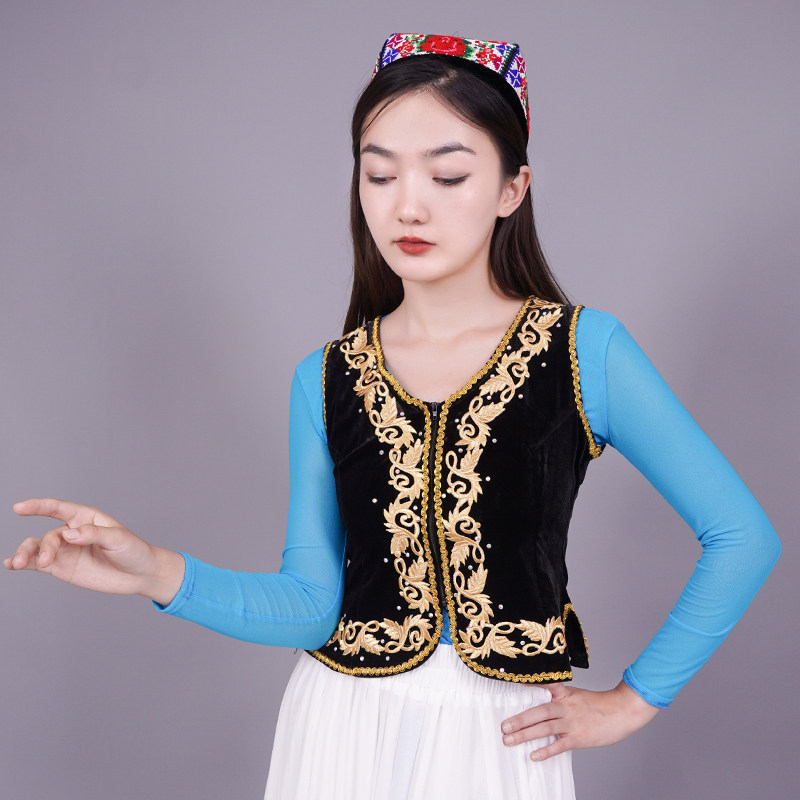 新疆舞蹈服马甲维吾尔族女短款演出服广场舞舞台表演修身飘逸马夹