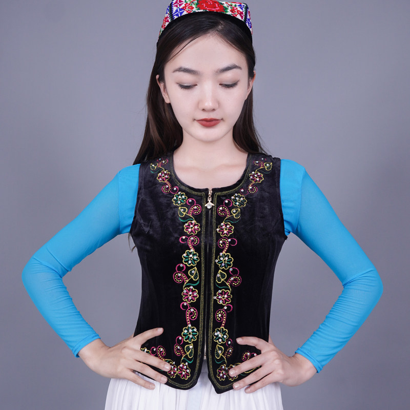 新疆新款马甲舞蹈演出服装女马夹广场舞民族风坎肩金丝绒绣花修身