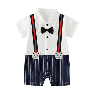 男宝宝周岁宴礼服夏季绅士薄款短袖婴儿百天满月洋气背带风连体衣