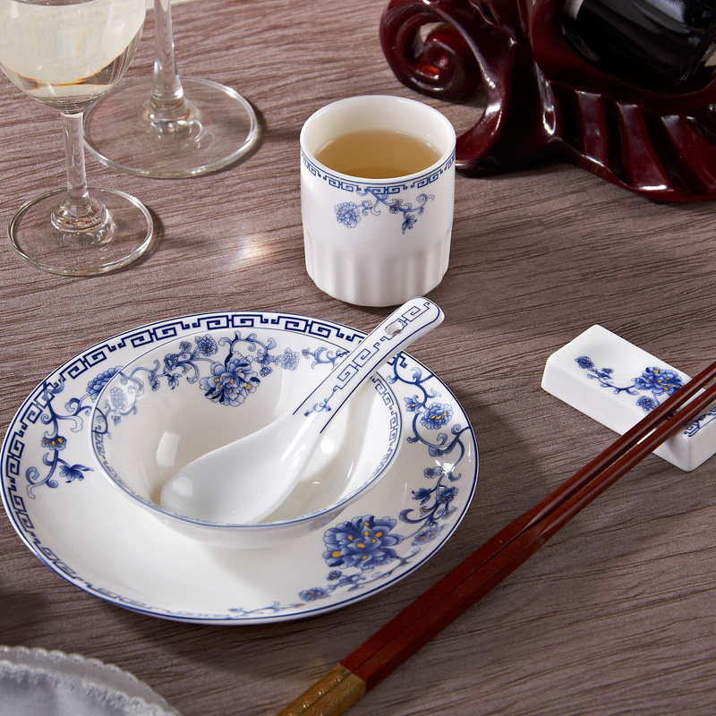 新中式饭店摆台餐具套装陶瓷青花瓷翅碗骨头碟餐厅专用碗筷四件套