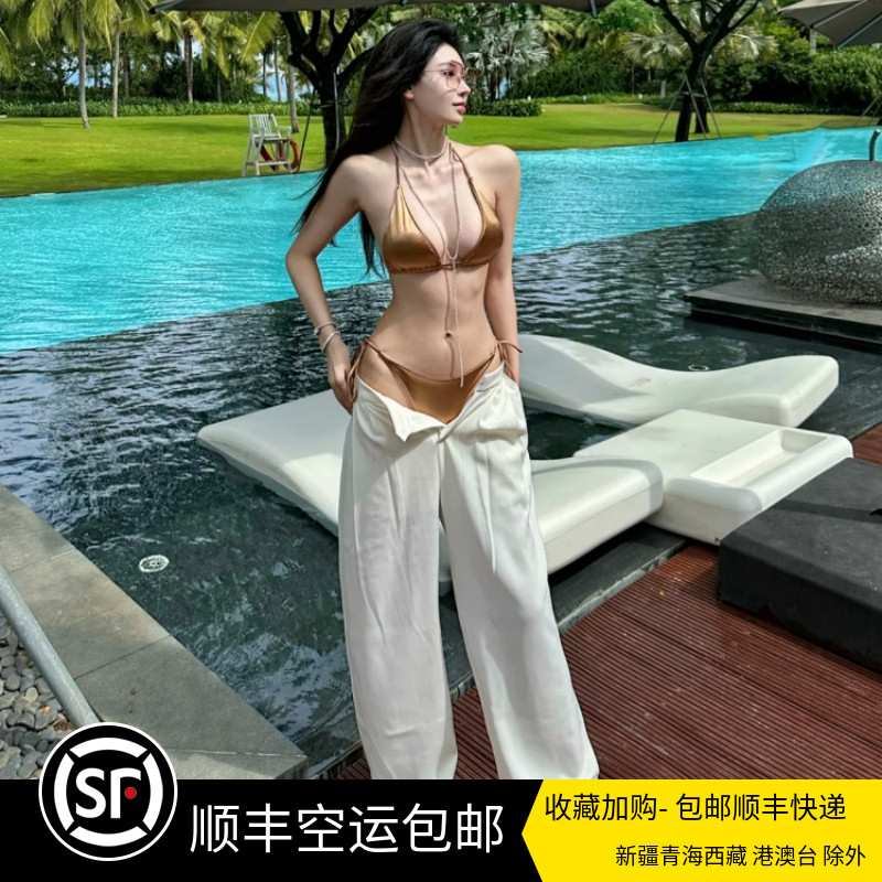 ins欧美辣妹复古金色缎面三点式比基尼 小胸绑带泡温泉度假泳衣女