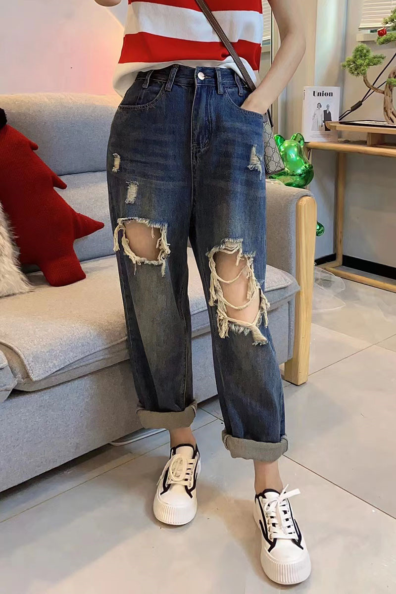 2022年新款女夏季破洞乞丐牛仔裤女松紧腰薄款老爹裤九分哈伦裤潮