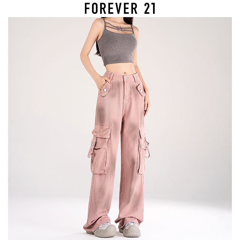 Forever 21粉色美式工装裤女春秋高街撞色vibe高腰宽松阔腿牛仔裤