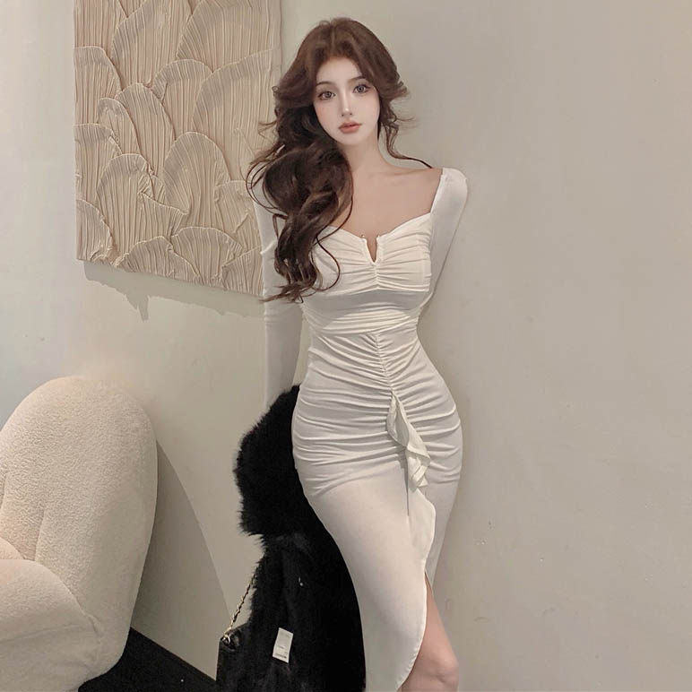 深v长袖裙子秋冬季修身褶皱不规则荷叶边开叉连衣裙包臀中长裙女