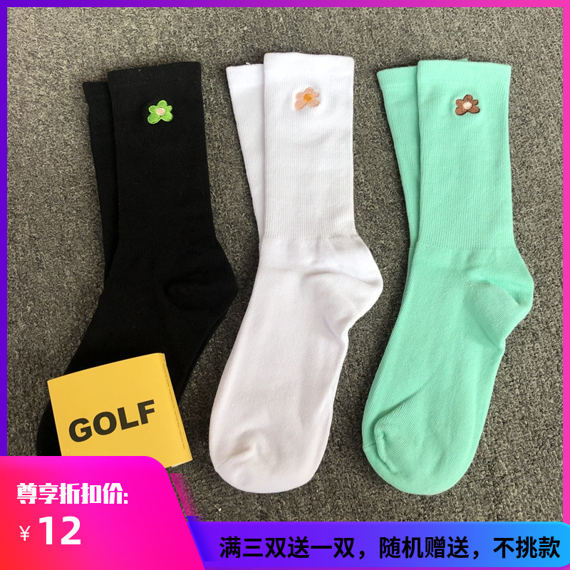 一双包邮 现货Golf小花袜刺绣纯棉夏季薄款短袜男女情侣袜 韩风袜