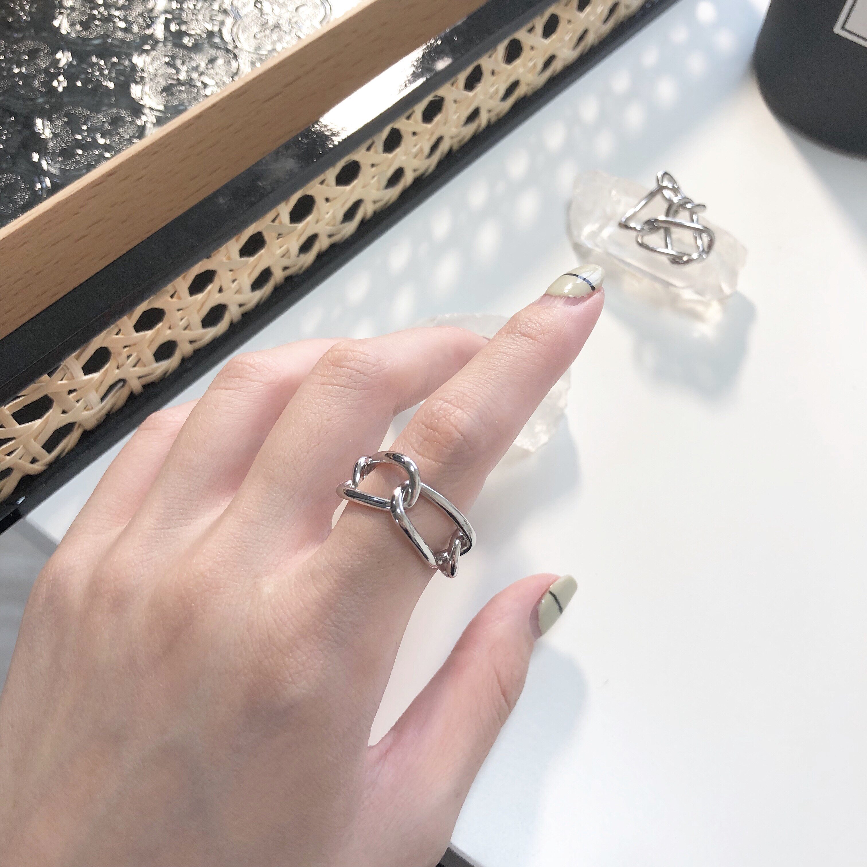 [achoo]925纯银镂空交叉链条扣戒指女ins潮冷淡厌世风丧系戒指环