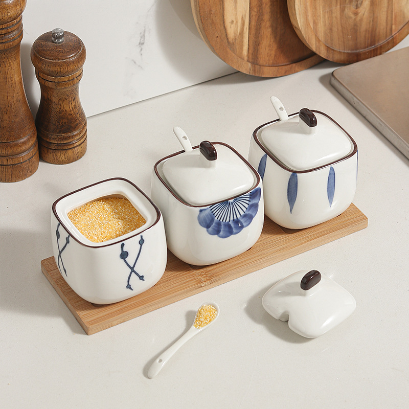 日式方形陶瓷调味罐三件套厨房用品耐高温调料盒家用佐料罐组合装