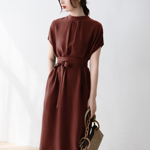 法式复古天丝立领红色连衣裙女2024新款高级感直筒系带显瘦中长裙