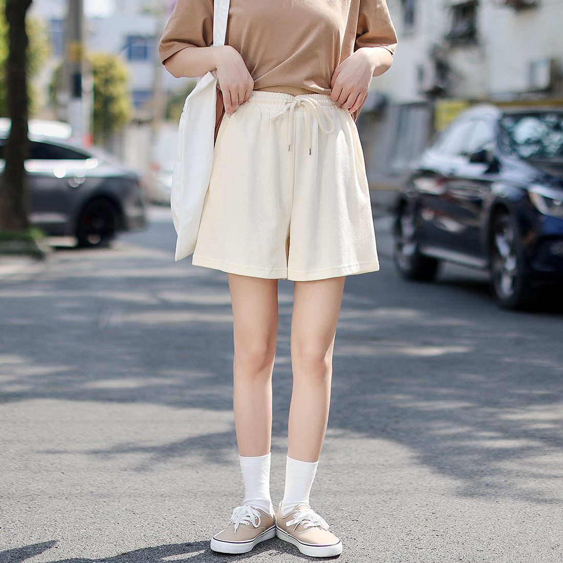 艺野系 甜美小清新奶杏色运动短裤女2022夏小个子宽松休闲五分裤
