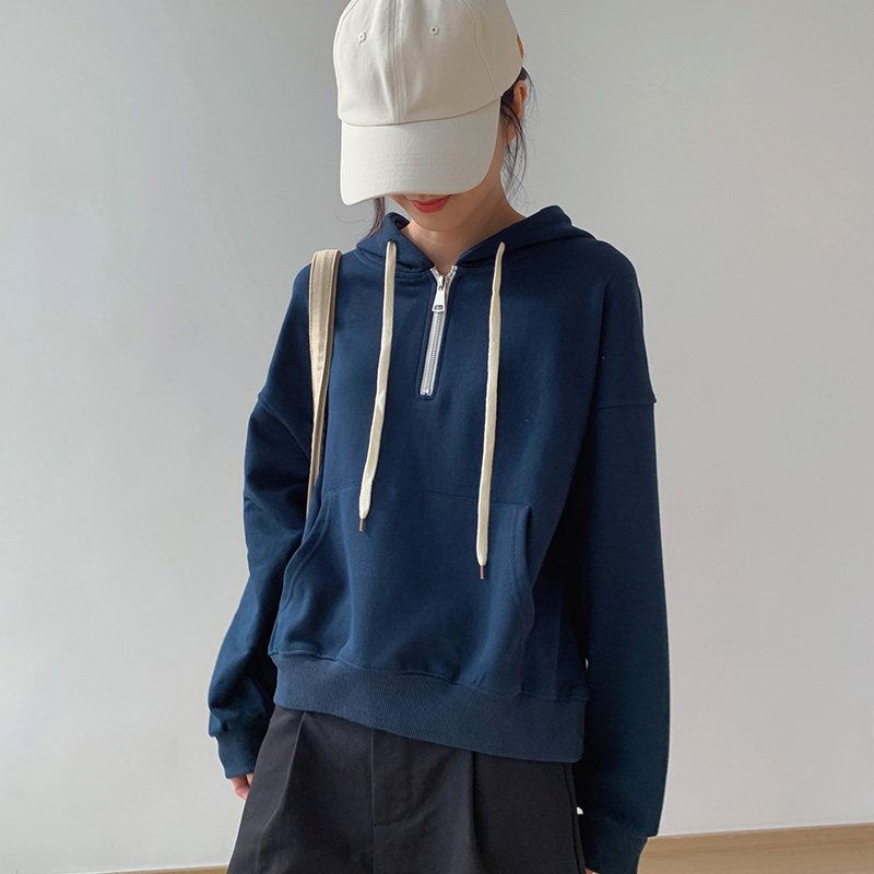 套头卫衣女纯色短款