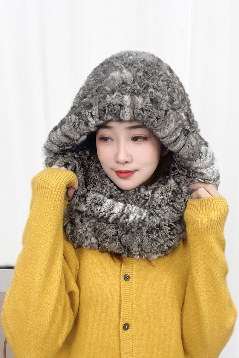 伊佳龙猫皮草帽子女冬进口栗鼠真毛围巾连帽子一体风雪帽保暖防寒