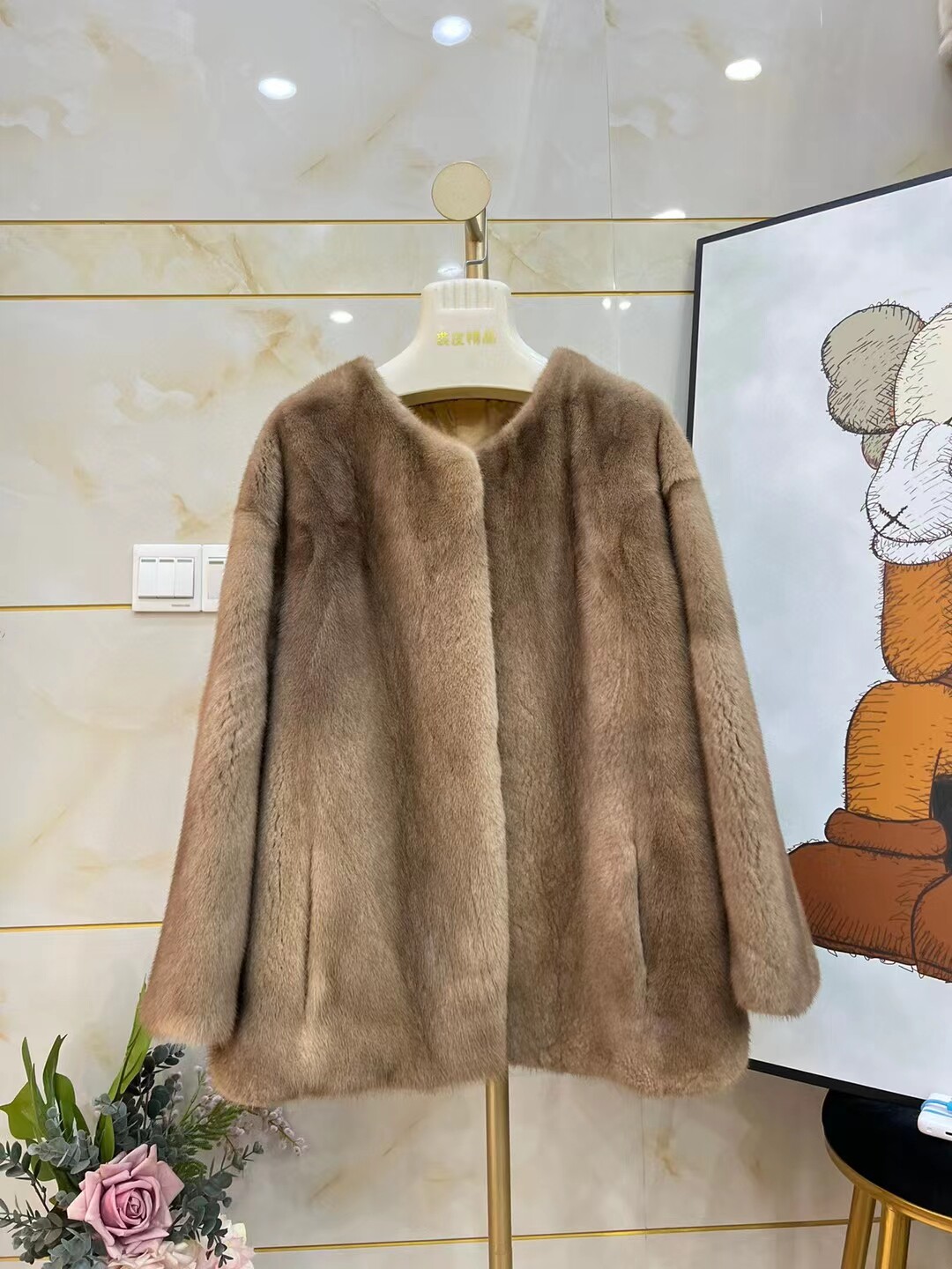 皮草外套冬季进口天鹅绒整貂无领帕斯条本色侧边开叉貂皮大衣女